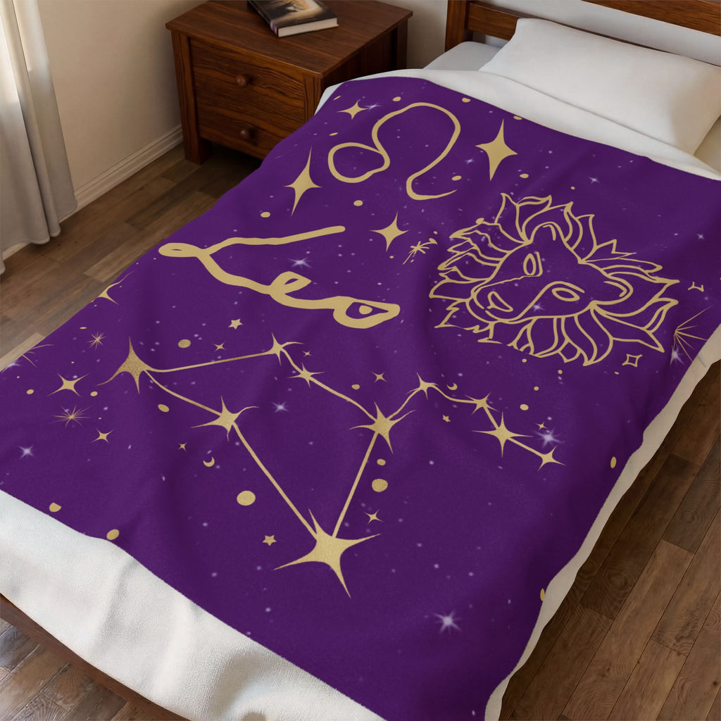 Leo Zodiac Velveteen Plush Blanket – Gold Constellation Lion Design