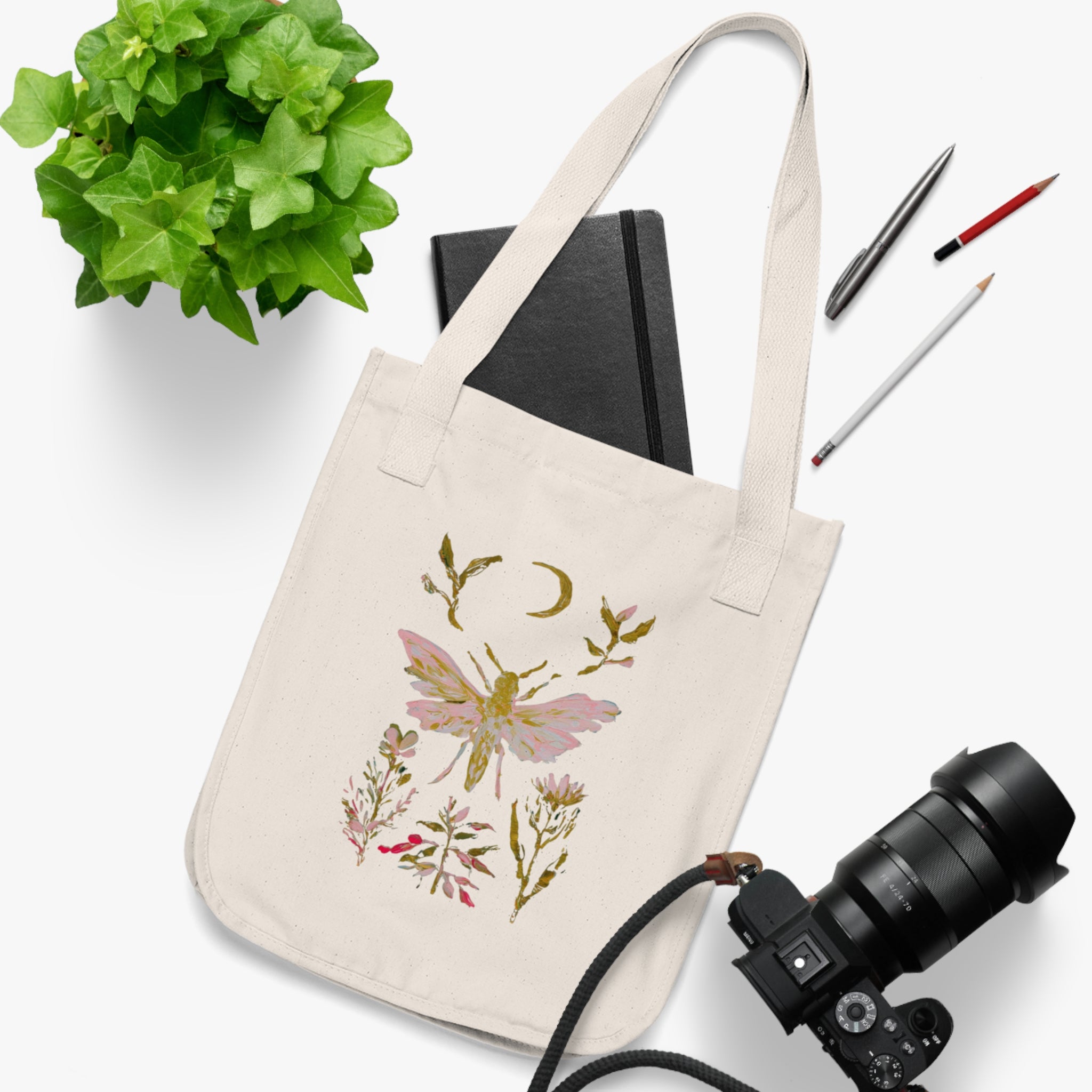 Floral Moth Canvas Tote — Boho Moon & Wildflower Eco Bag