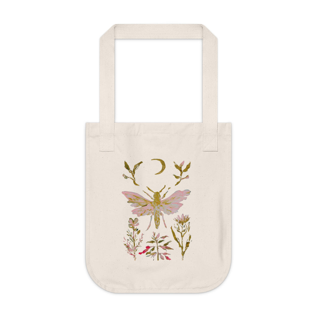 Floral Moth Organic Canvas Tote Bag – Boho Moon & Wildflower Design | Zodiac Pack