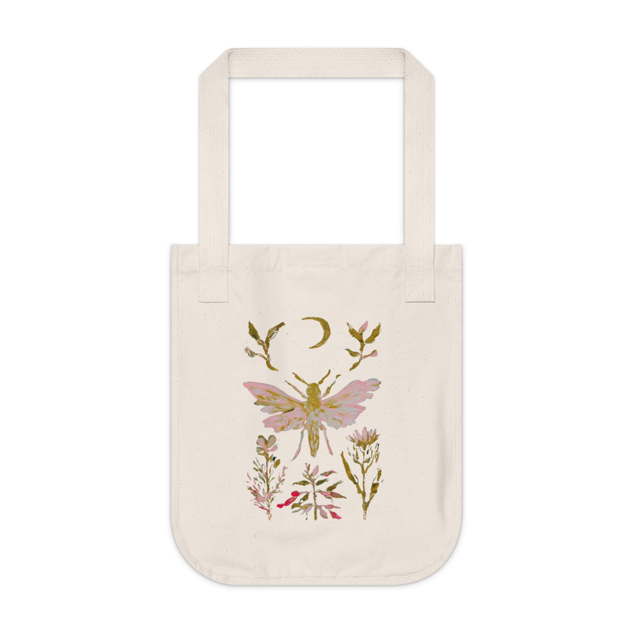 Floral Moth Canvas Tote — Boho Moon & Wildflower Eco Bag