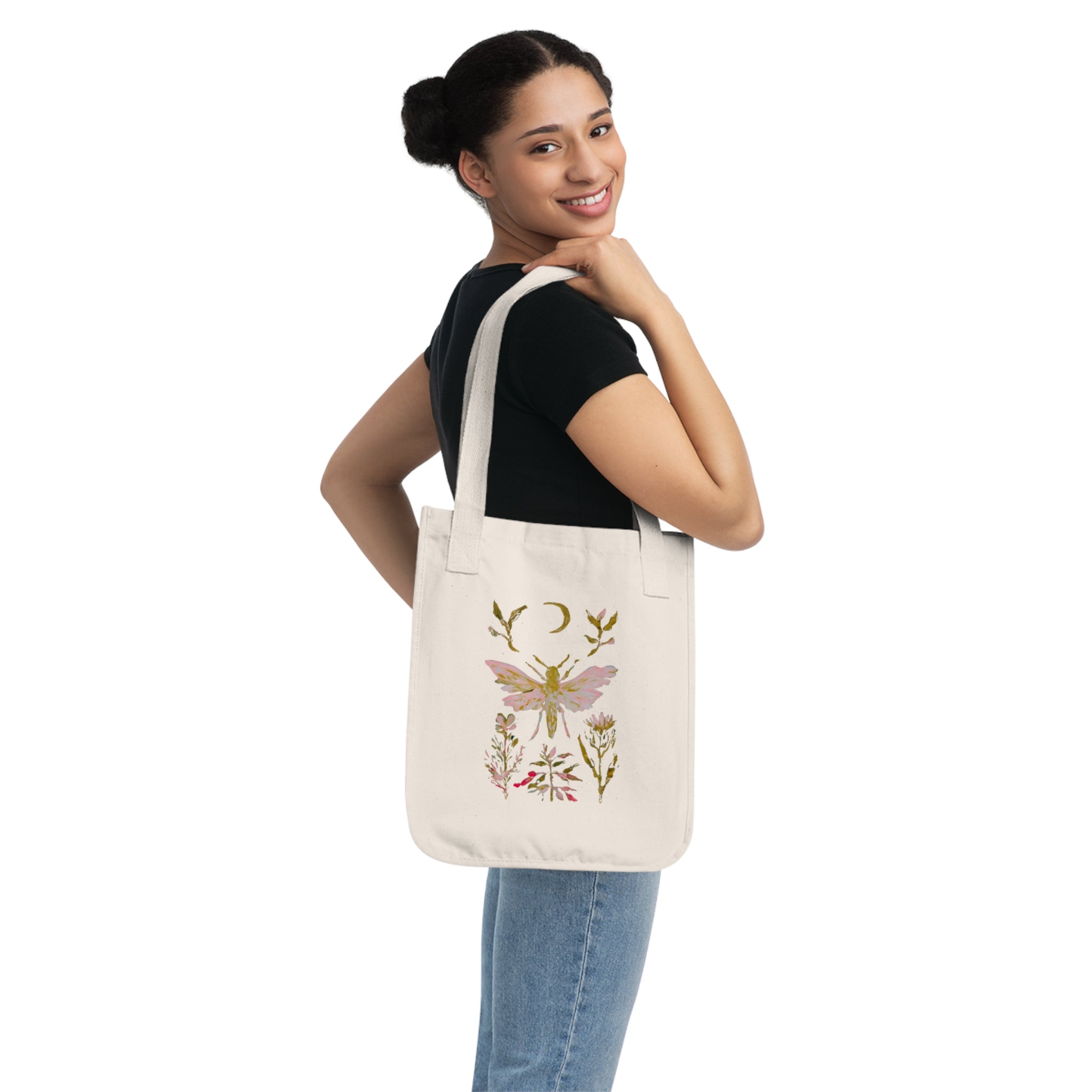 Floral Moth Canvas Tote — Boho Moon & Wildflower Eco Bag