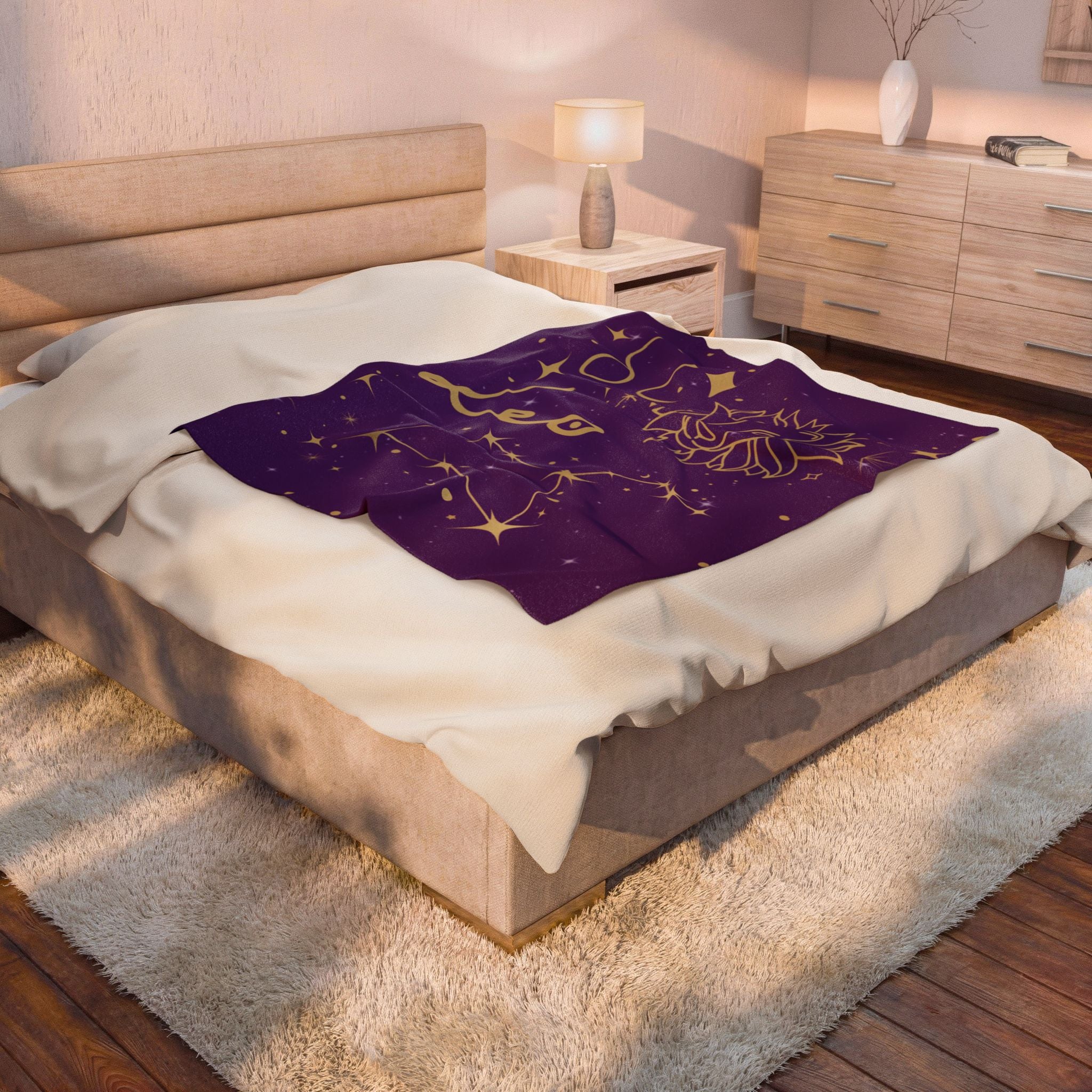 Leo Zodiac Velveteen Plush Blanket – Gold Constellation Lion Design