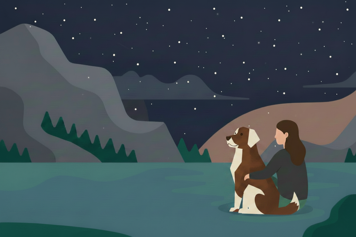 Woman and tri-colored dog stargazing